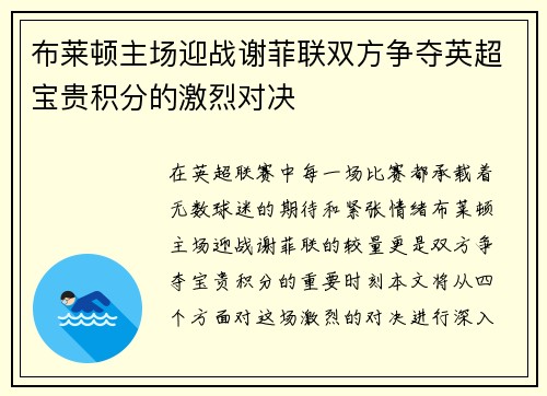 布莱顿主场迎战谢菲联双方争夺英超宝贵积分的激烈对决